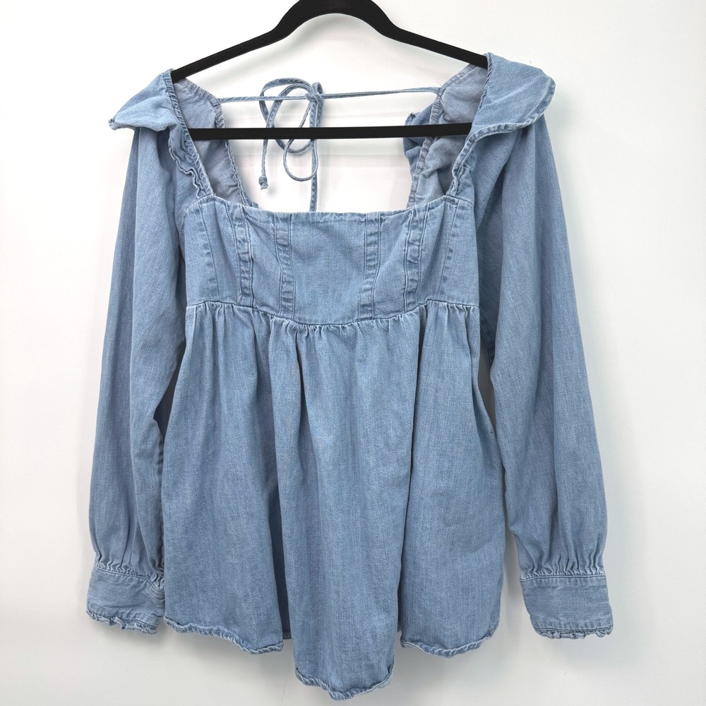 Free People About You Denim Blouse Women XS‎ Flowy Ruffle Boho Indie